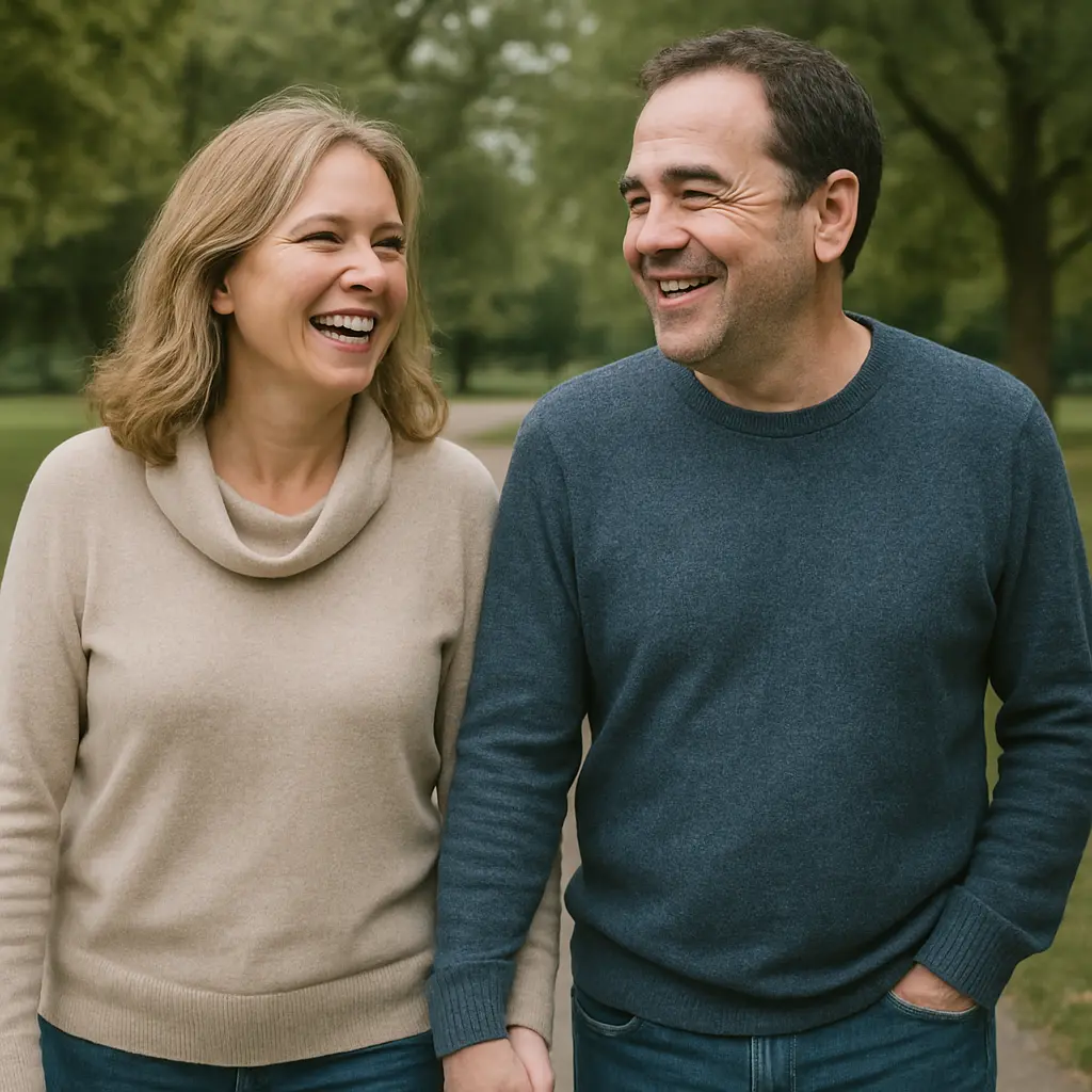 Casal de meia-idade caminhando de mãos dadas e sorrindo, com expressão de felicidade e confiança
